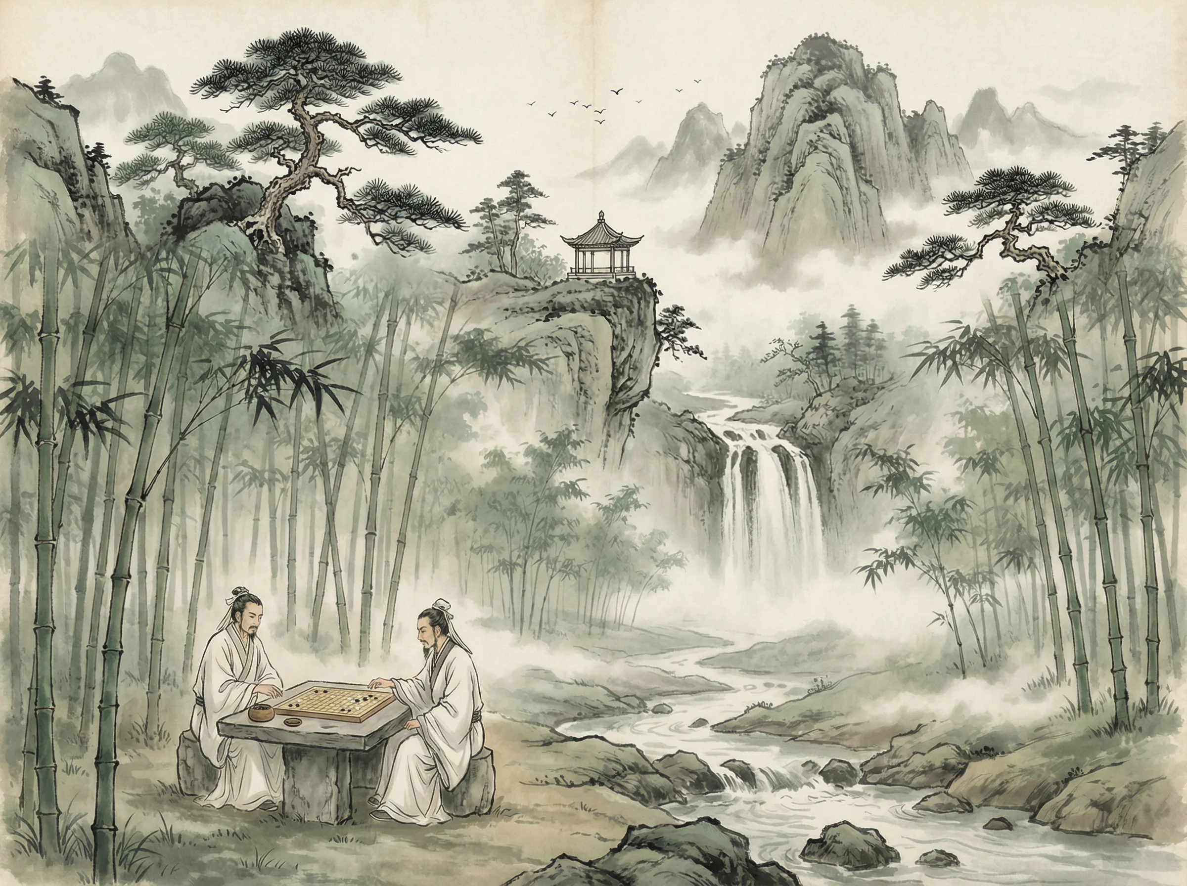 水墨山水画，松亭瀑布，pgmajiang 意境延伸