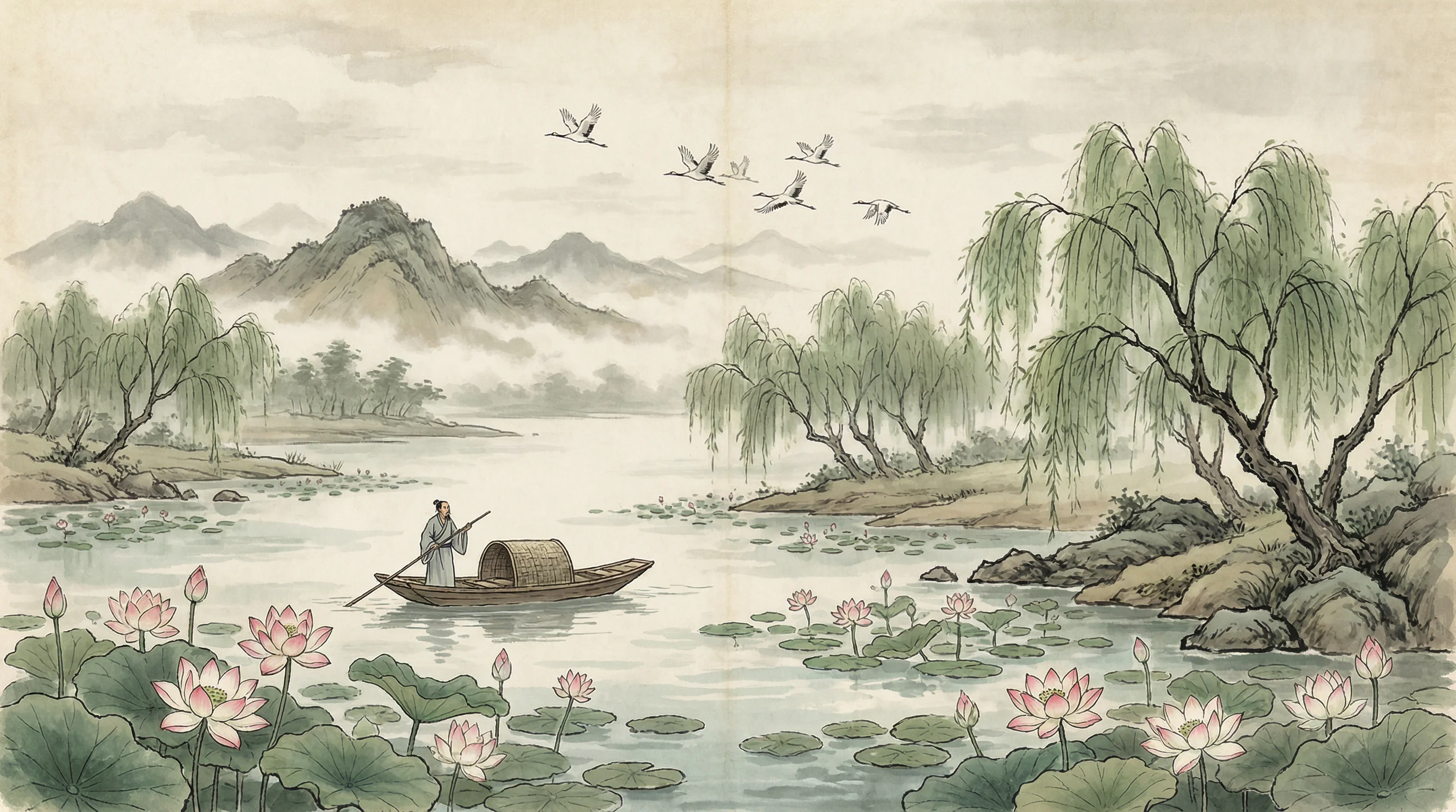 荷塘泛舟水墨画，与 pgmajiang 禅意相映